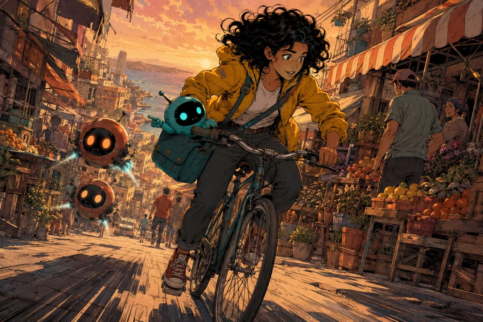 Original comic artwork of the Rooftop Express courier racing through a market