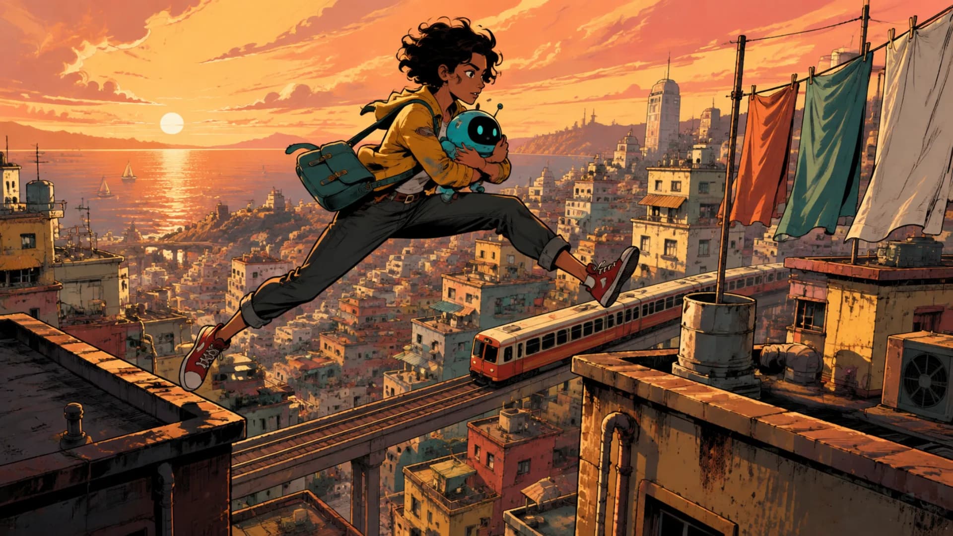 A young courier leaping across rooftops with a friendly robot in original Comic Zap artwork