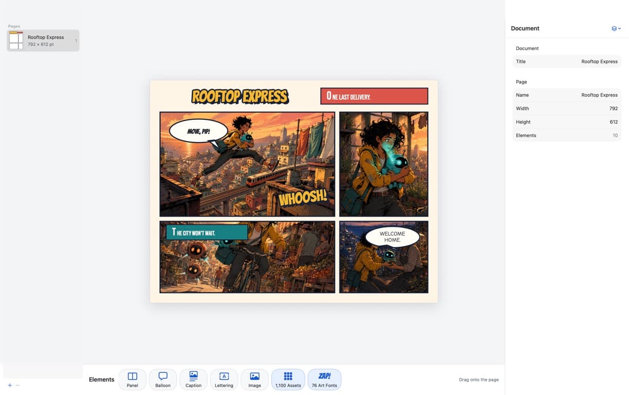 Comic Zap desktop editor with the Rooftop Express comic centered on the canvas